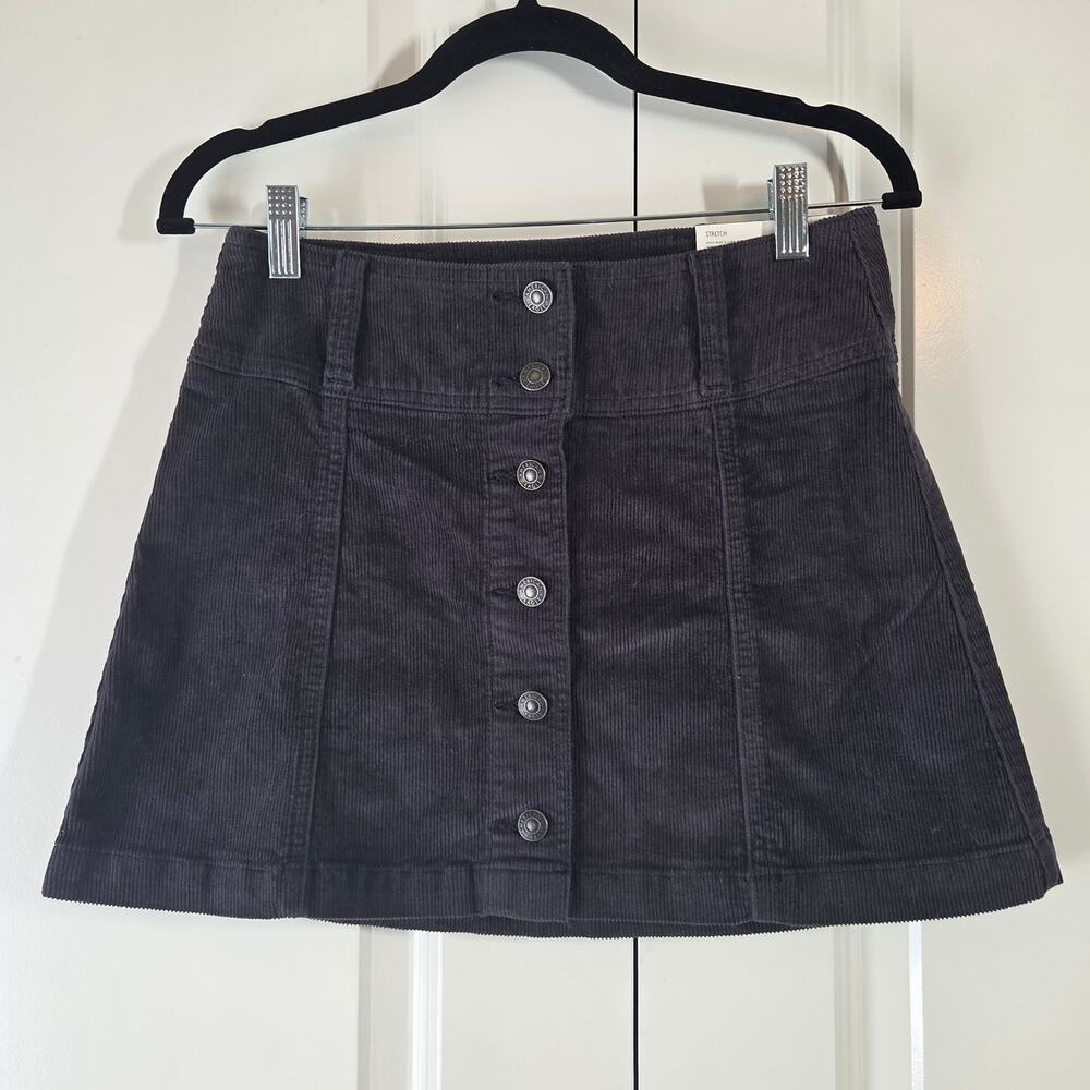 Corduroy Mini Skirt Black American Eagle High-Rise Button Front A-Line NWT Sz 2